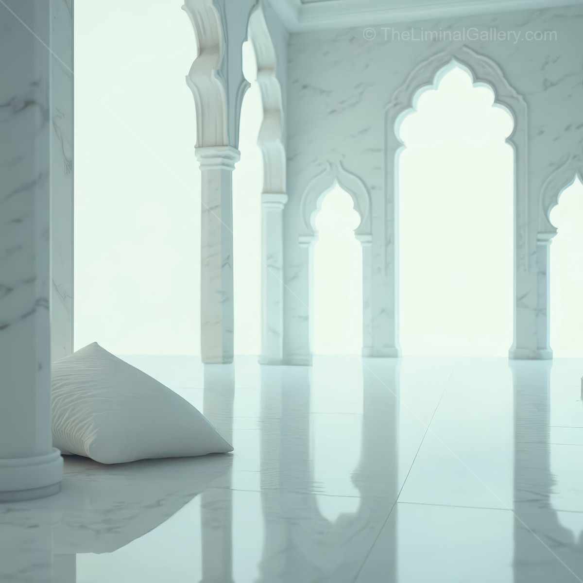 Majestic marble hall illuminated by ethereal light, featuring intricate archways and a serene atmosphere, inviting reflection and tranquility