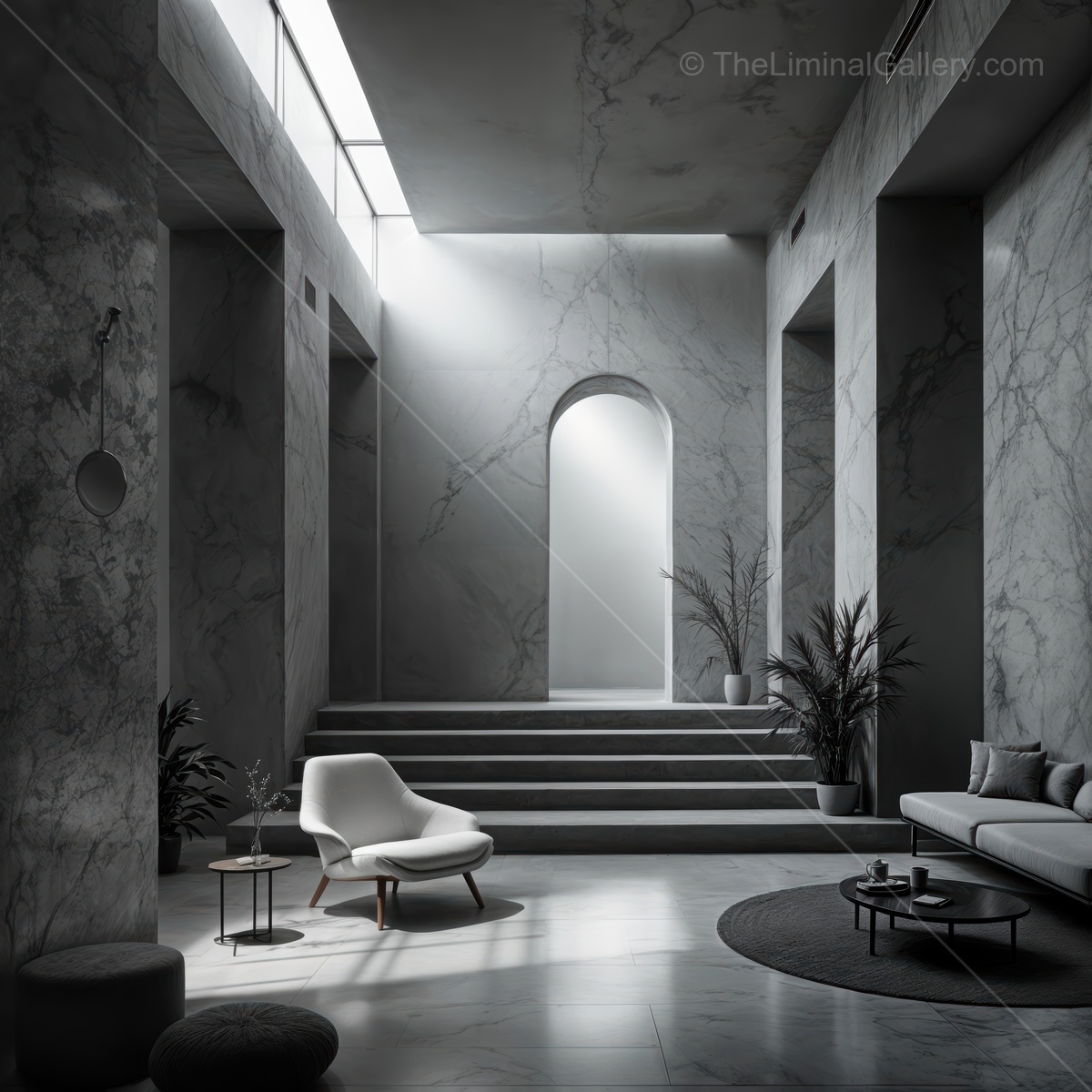 Liminal minimalist living area clad in marble and softened by gentle lighting delivers modern elegance; serene ambiance invites stylish relaxation and quiet reflection
