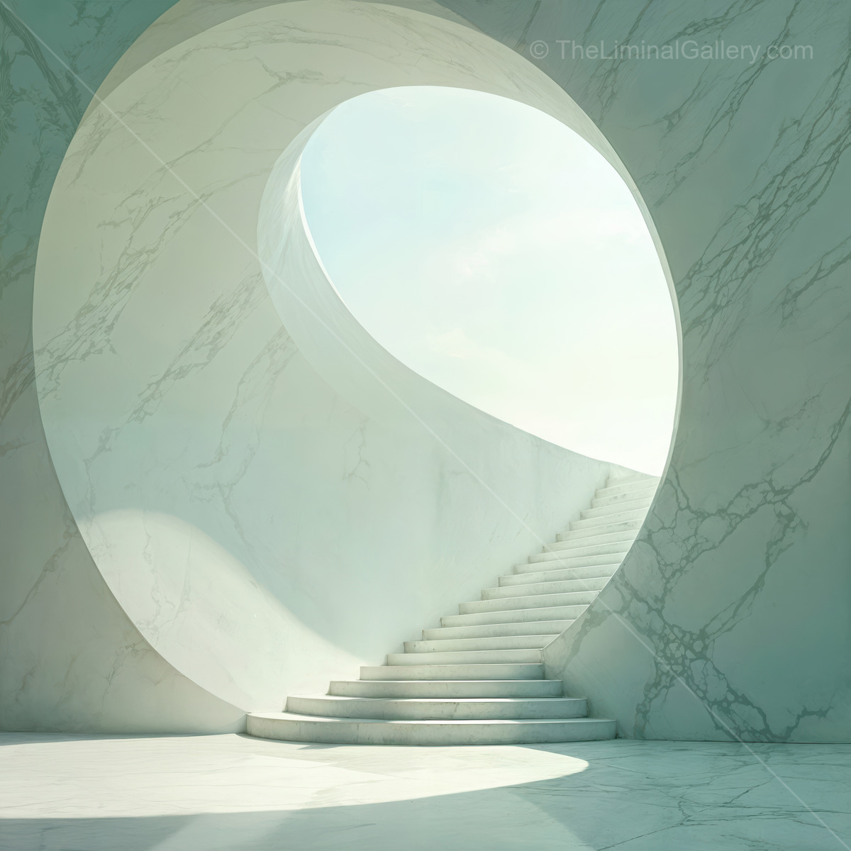 Liminal marble staircase ascends toward circular skylight, minimalist setting welcoming natural light that cascades down to create an airy, uplifting entrance
