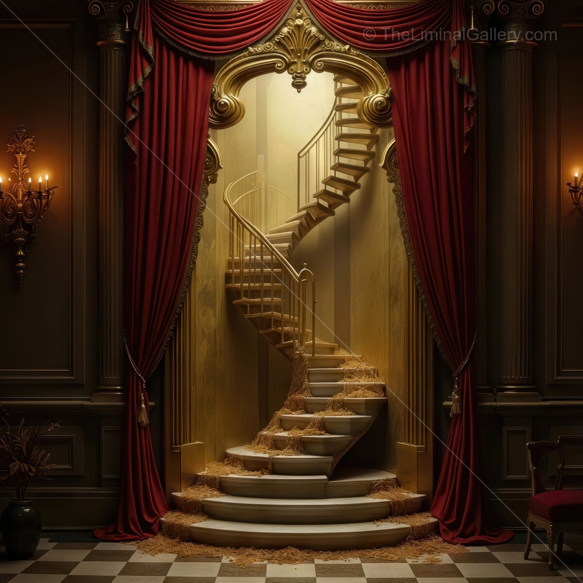 Marvelous liminal spiral staircase adorned with golden accents leads to a hidden realm of elegance after dusk