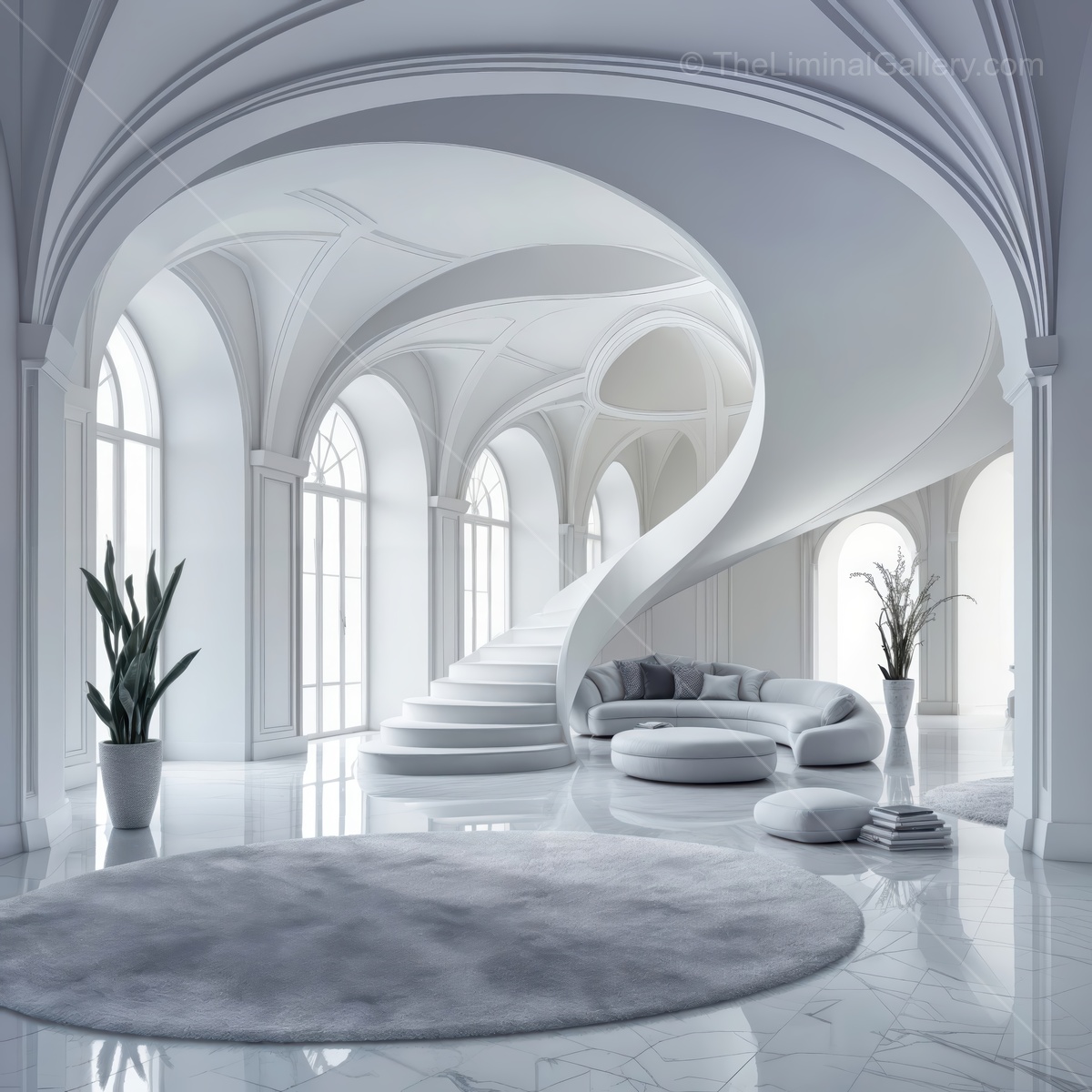 Ethereal spiral staircase in a bright, minimalist room with soft curves and serene plants