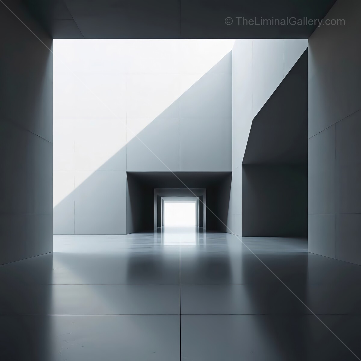 Minimalist architectural liminal space with dramatic light and sharp angles creating a serene atmosphere