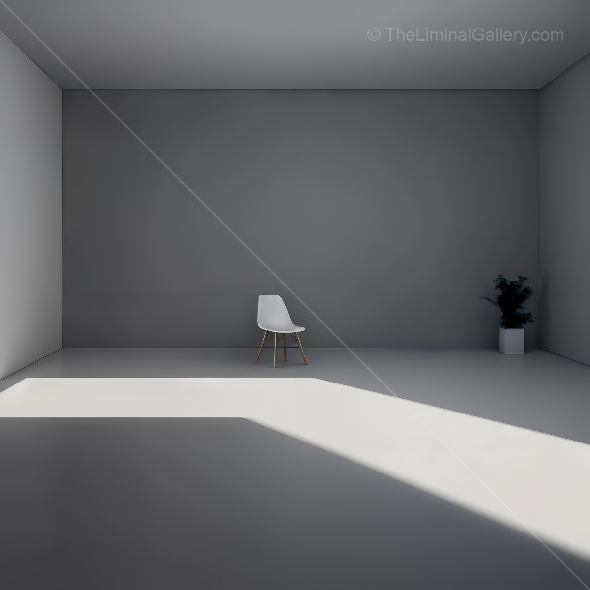 Minimalist liminal interior with a single chair and sunlight casting shadows in an empty room