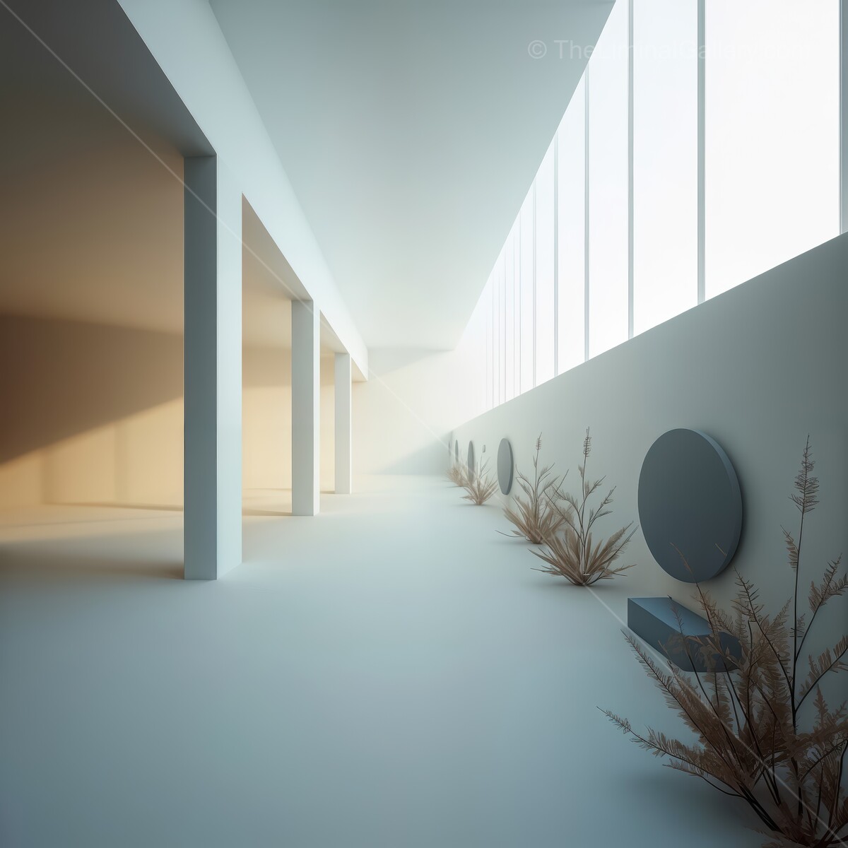 Minimalist interior featuring natural elements and soft light in a serene gallery setting