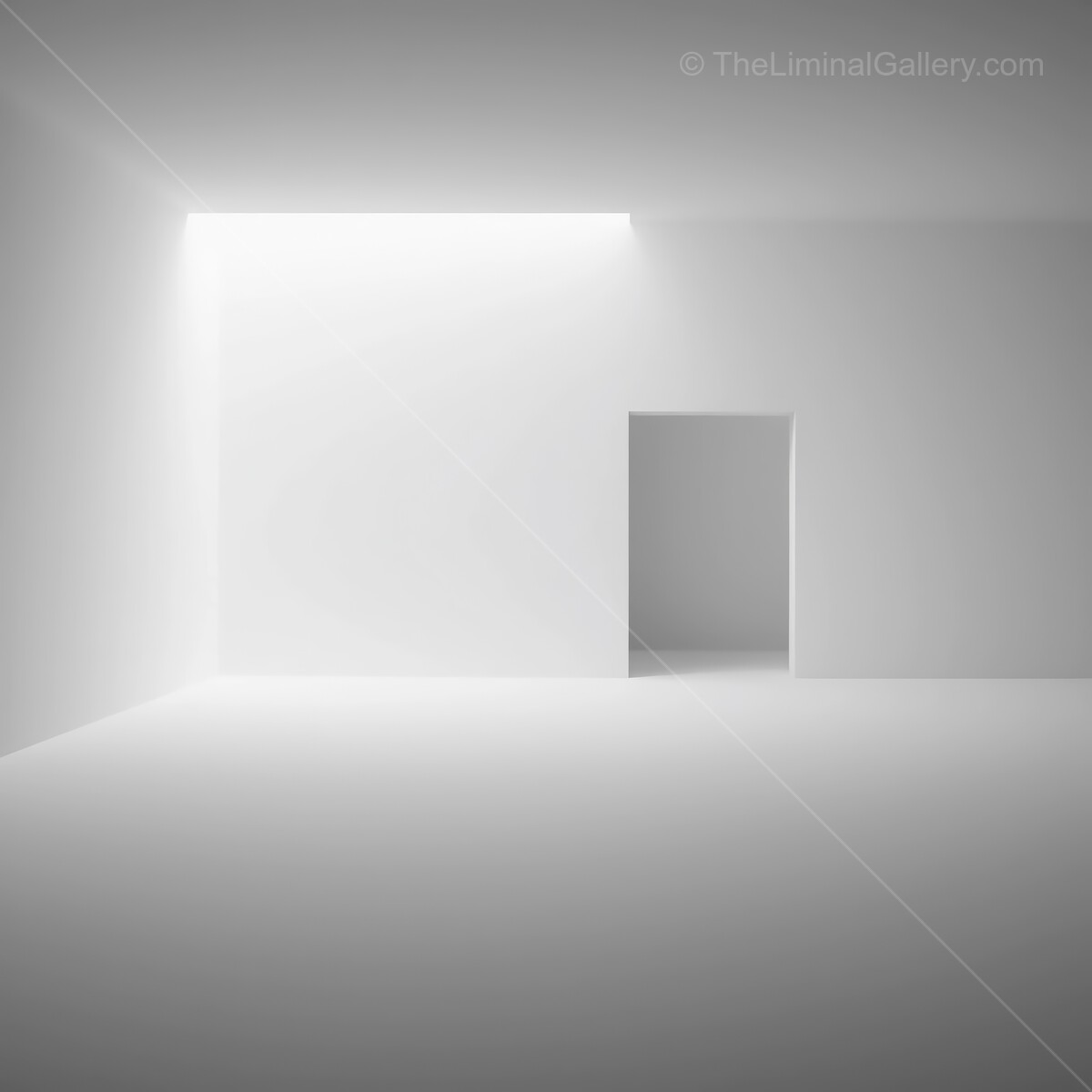 A minimalist liminal interior space featuring a bright doorway and soft light illuminating the walls during daytime