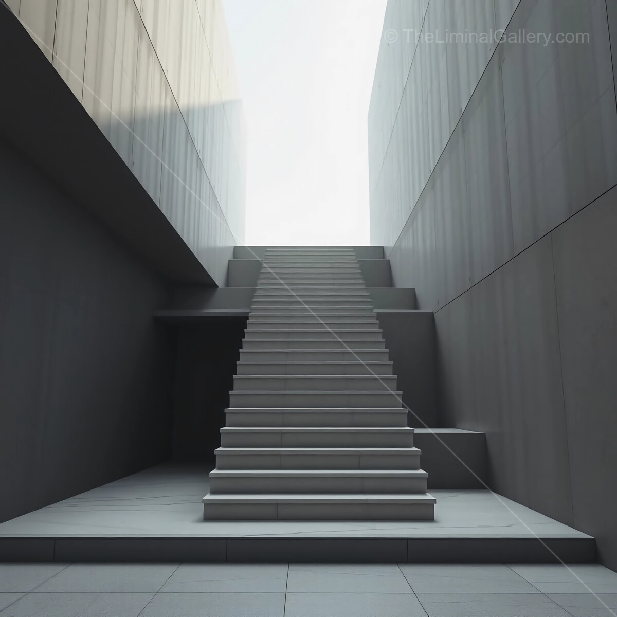 Stark serenity in a minimalist stairway leading to a bright opening above
