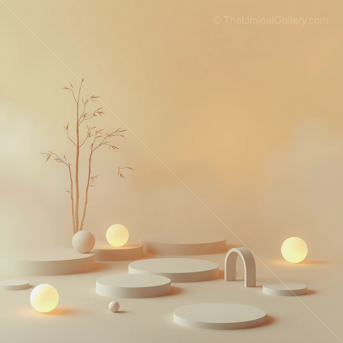 Minimalist surreal landscape with soft lighting and organic shapes in a serene setting