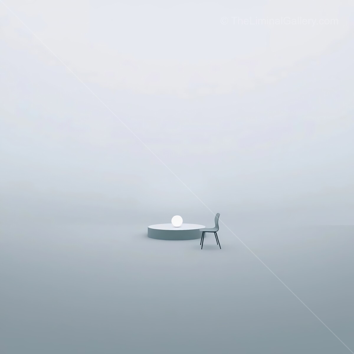 Minimalistic setting featuring a solitary chair and a round table with a glowing orb in a foggy atmosphere
