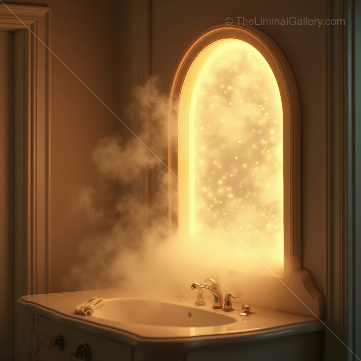 Warm light filters through an arched window in a misty bathroom, creating a serene atmosphere and inviting a sense of calm during a tranquil moment of solitude