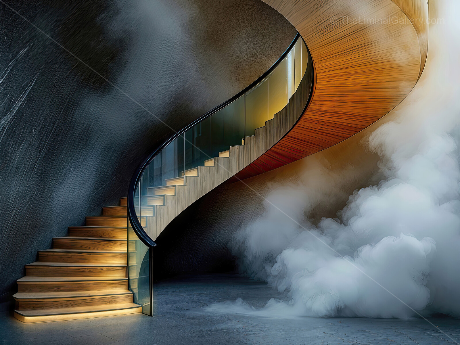 Elegant spiral staircase enveloped in soft mist, blending modern design with an ethereal atmosphere, inviting exploration and wonder in a contemporary space