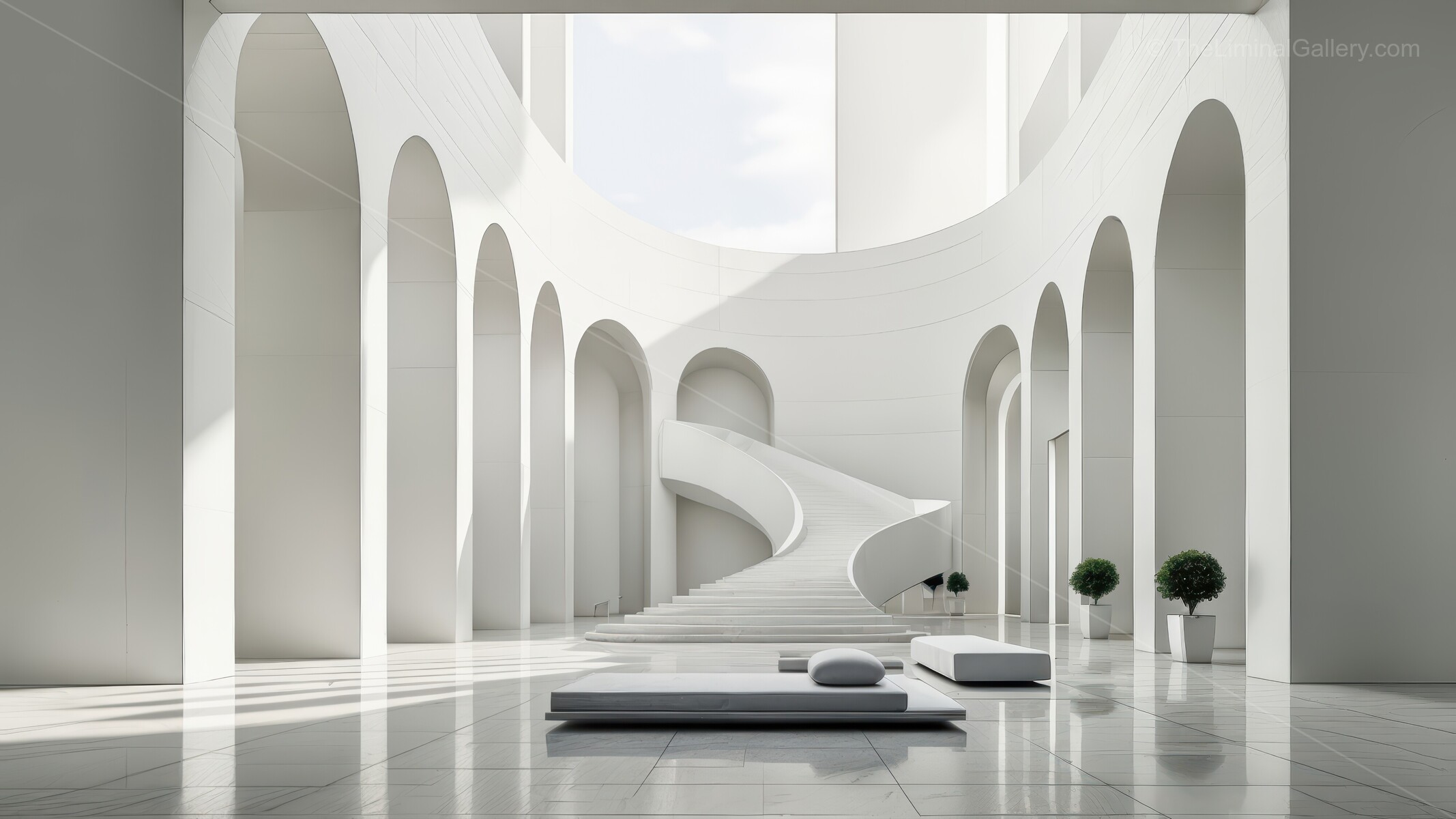 Serene modern architecture showcases elegant curves and light in a spacious interior, harmonizing minimalism and tranquility, inviting exploration and reflection