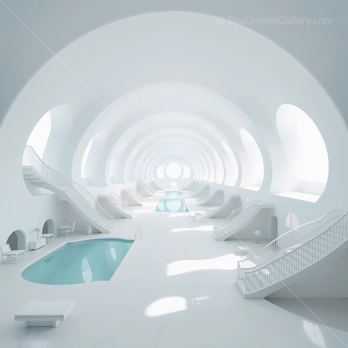Modern liminal architectural marvel featuring serene swimming pools in a spacious white interior