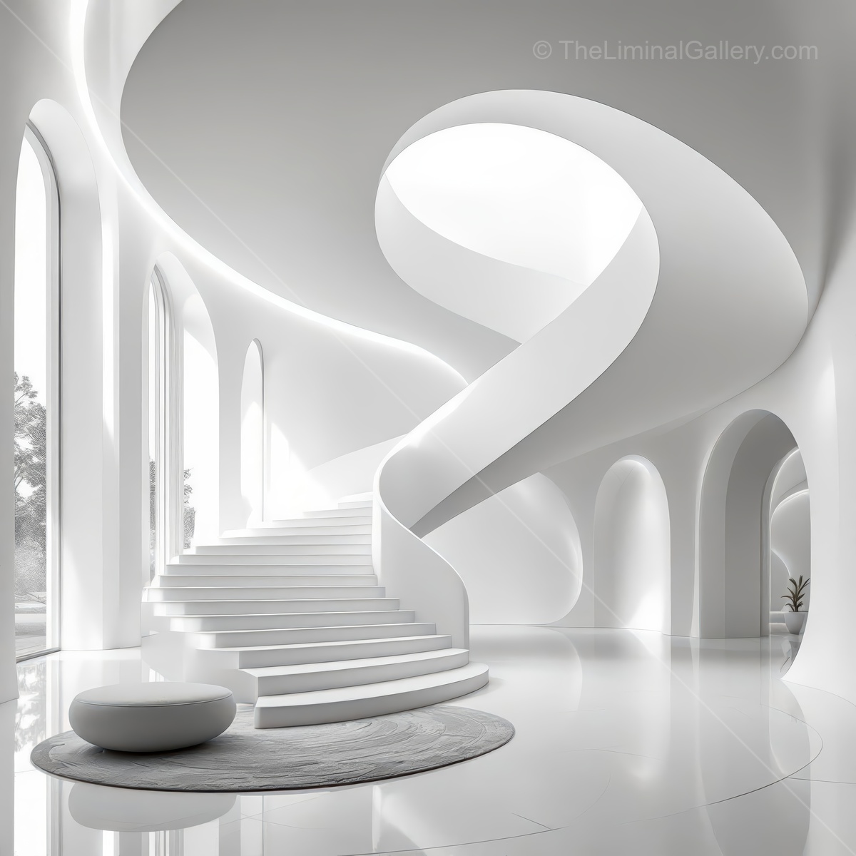 Exploring the serene elegance of a modern liminal space with a twisting staircase and curved architecture