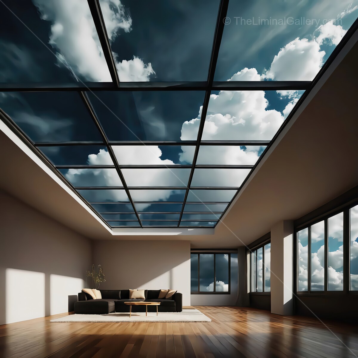 Modern living room with stunning skylight showcasing dramatic cloudscape above
