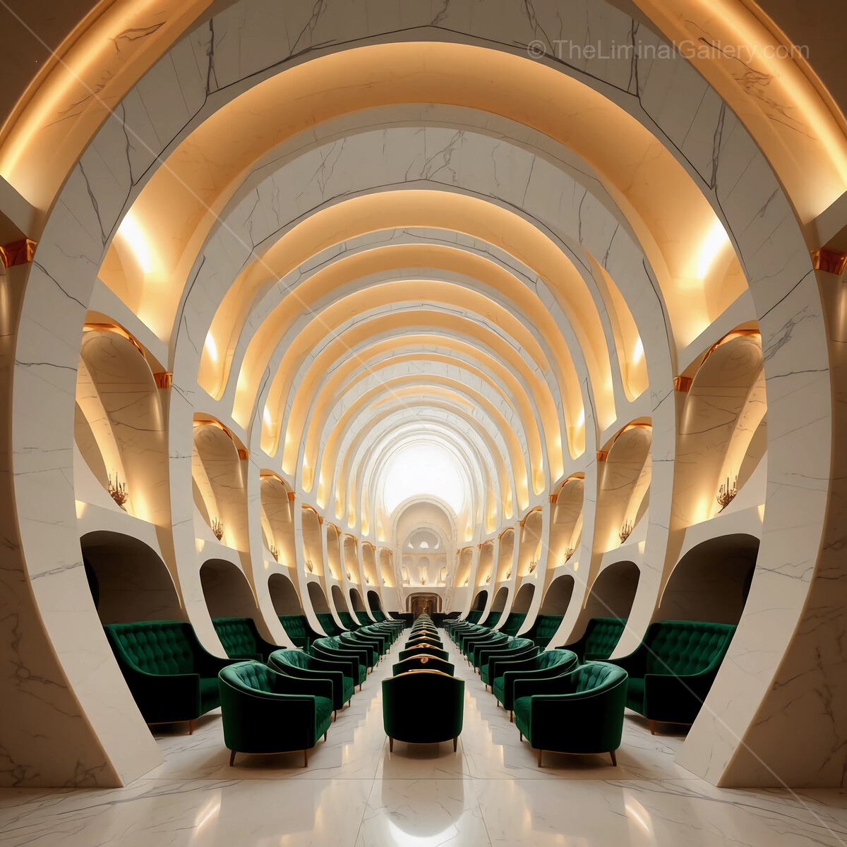 Elegant modern liminal lounge featuring striking architecture and vibrant green seating at an upscale venue