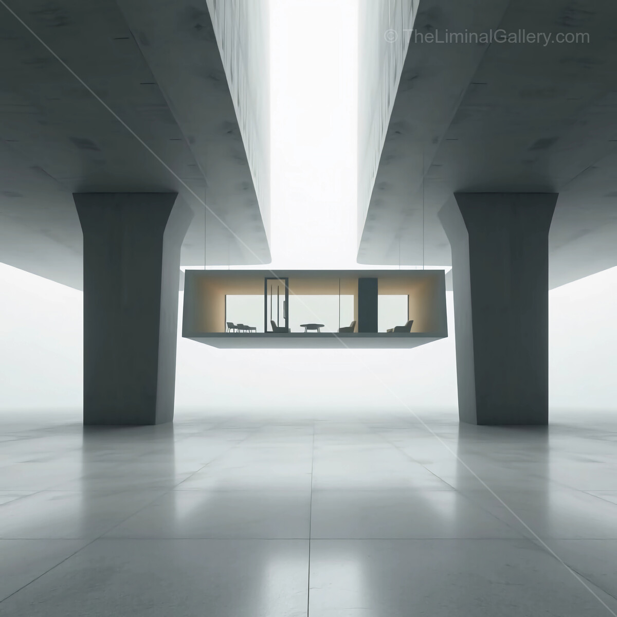 Modern architectural marvel suspended in an ethereal space with minimalist design elements