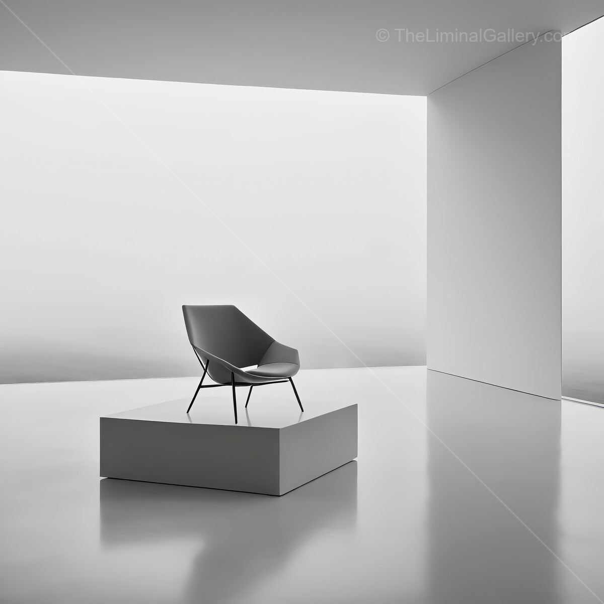 Modern liminal minimalist chair seated elegantly in a spacious, softly lit room designed for tranquil ambiance