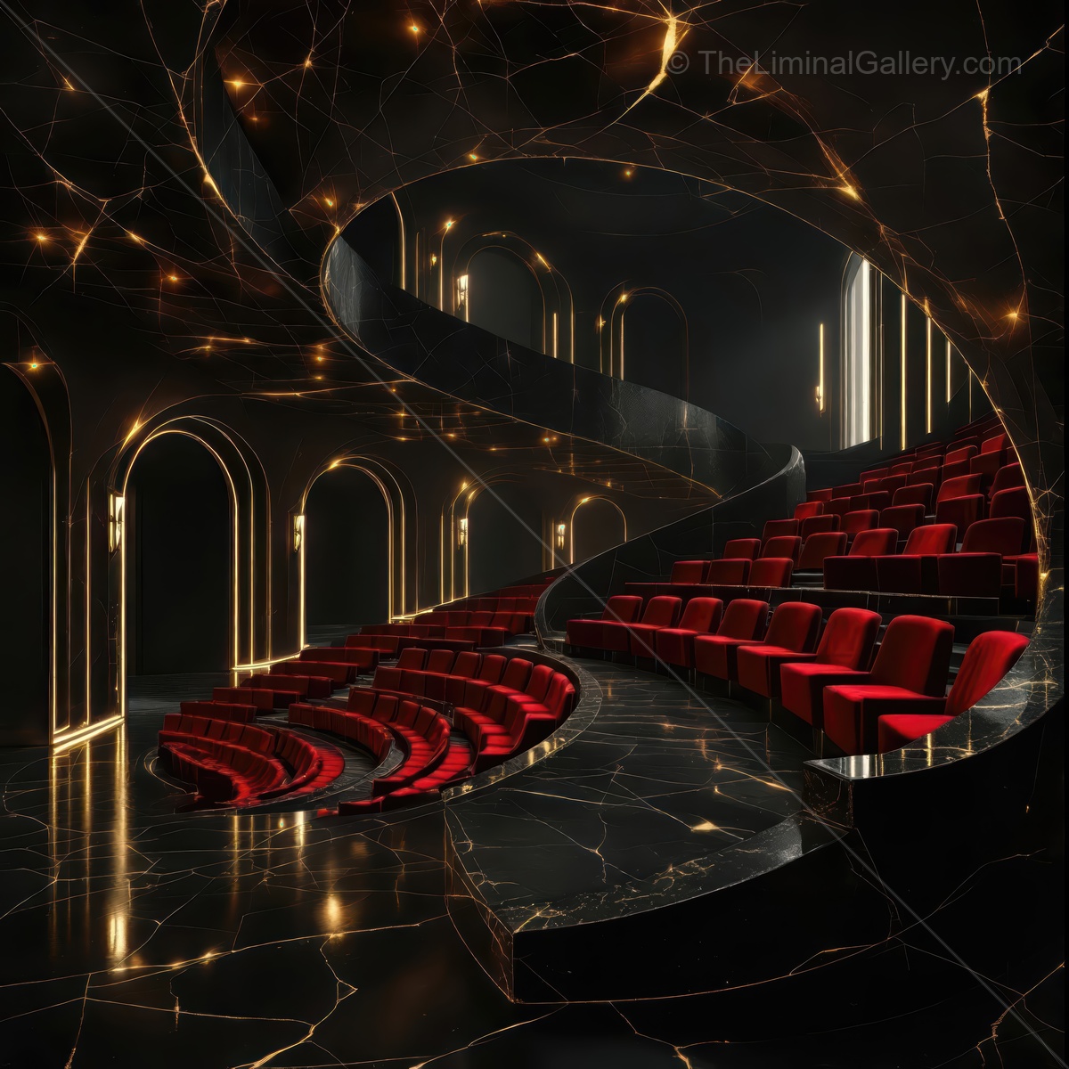 Stunning modern theater showcasing elegant design and inviting atmosphere with red seating and glowing lights