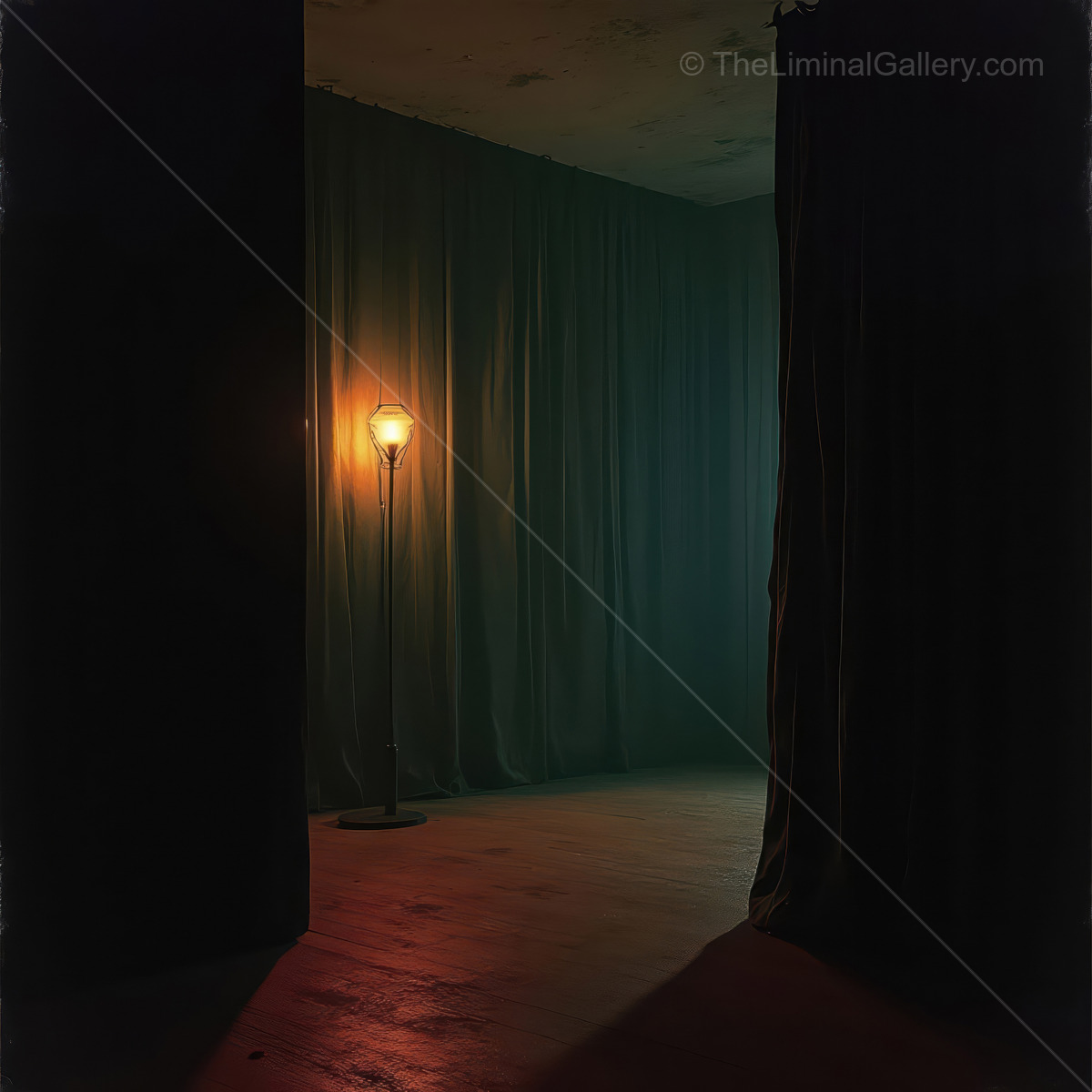 In a softly lit liminal hall, light beams dance over fabric walls, casting shifting shadows that deepen mystery and invite quiet contemplation of hidden stories