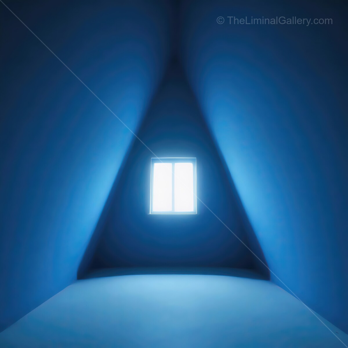 Mysterious liminal blue room with a triangular shape and a bright window illuminating the space