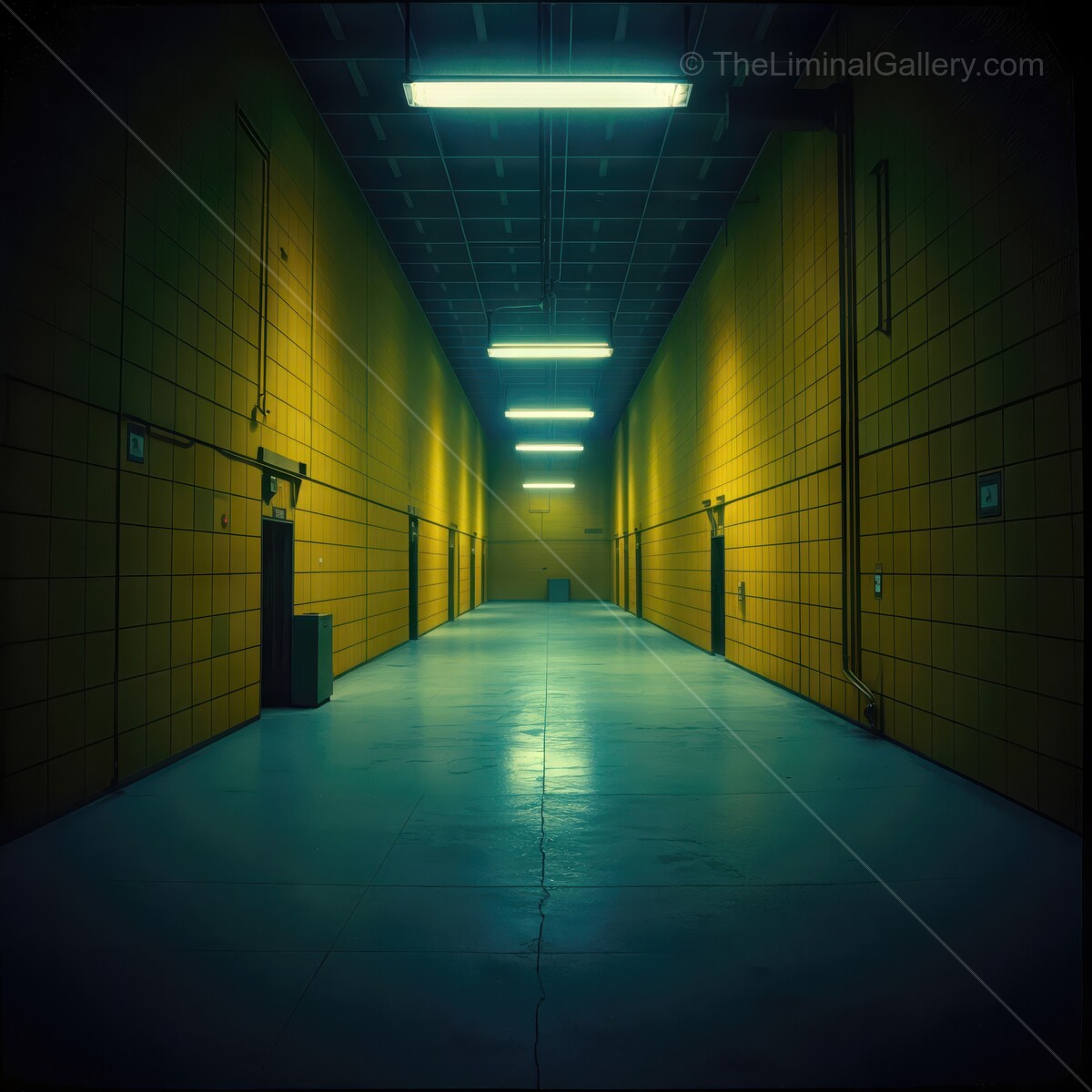 Mysterious liminal yellow hallway illuminated by bright lights in an empty industrial space