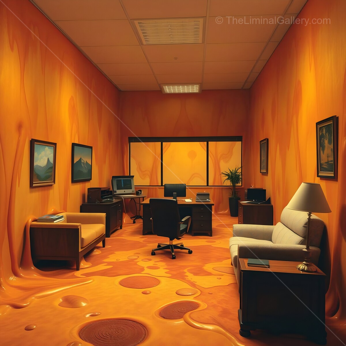 Surreal liminal office space submerged in vibrant orange goo, merging creativity with chaos in a whimsical setting
