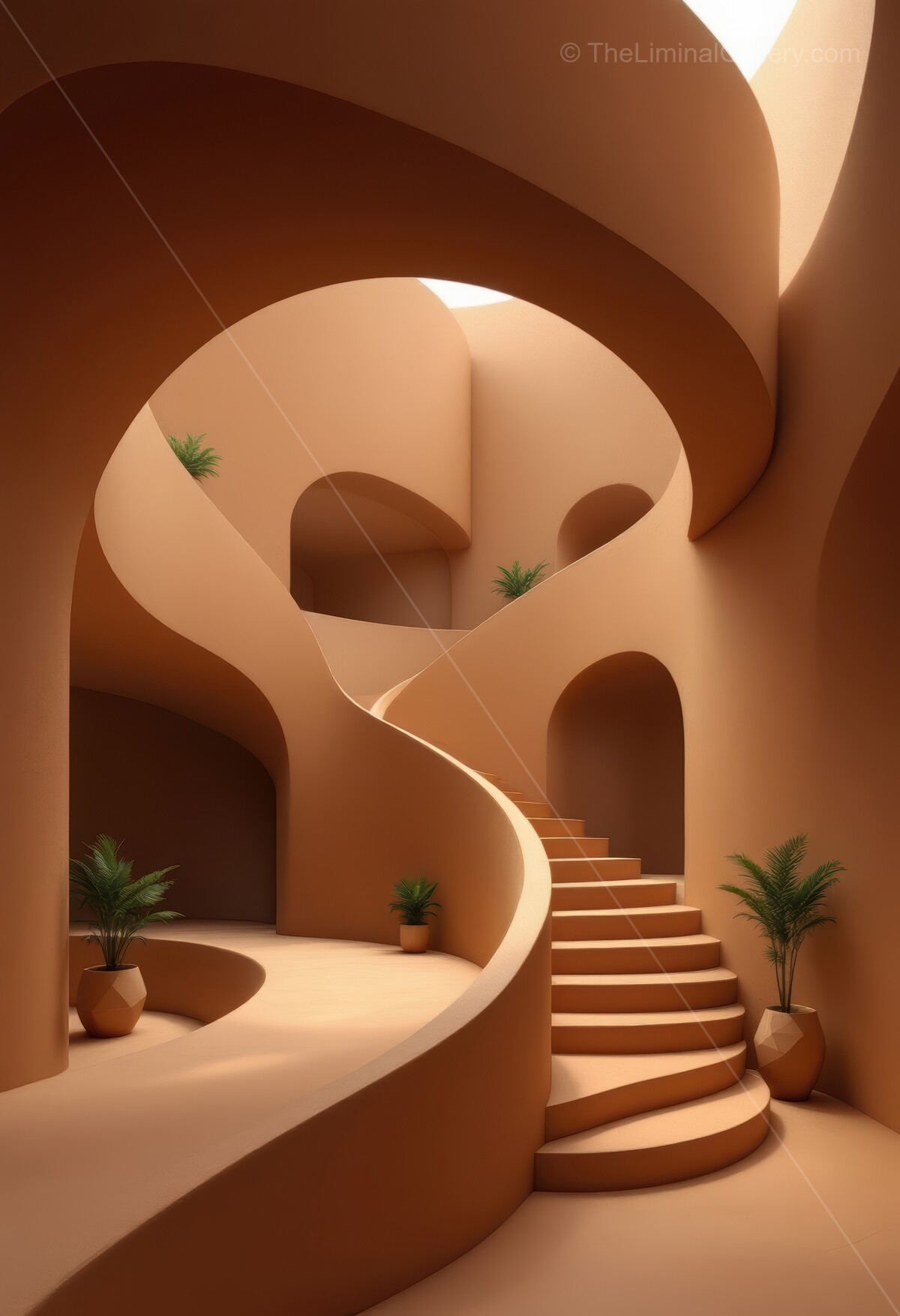 Organic architecture with flowing curves invites daylight and greenery, creating a calming indoor oasis where earth tones, plants and gentle forms nurture connection to nature