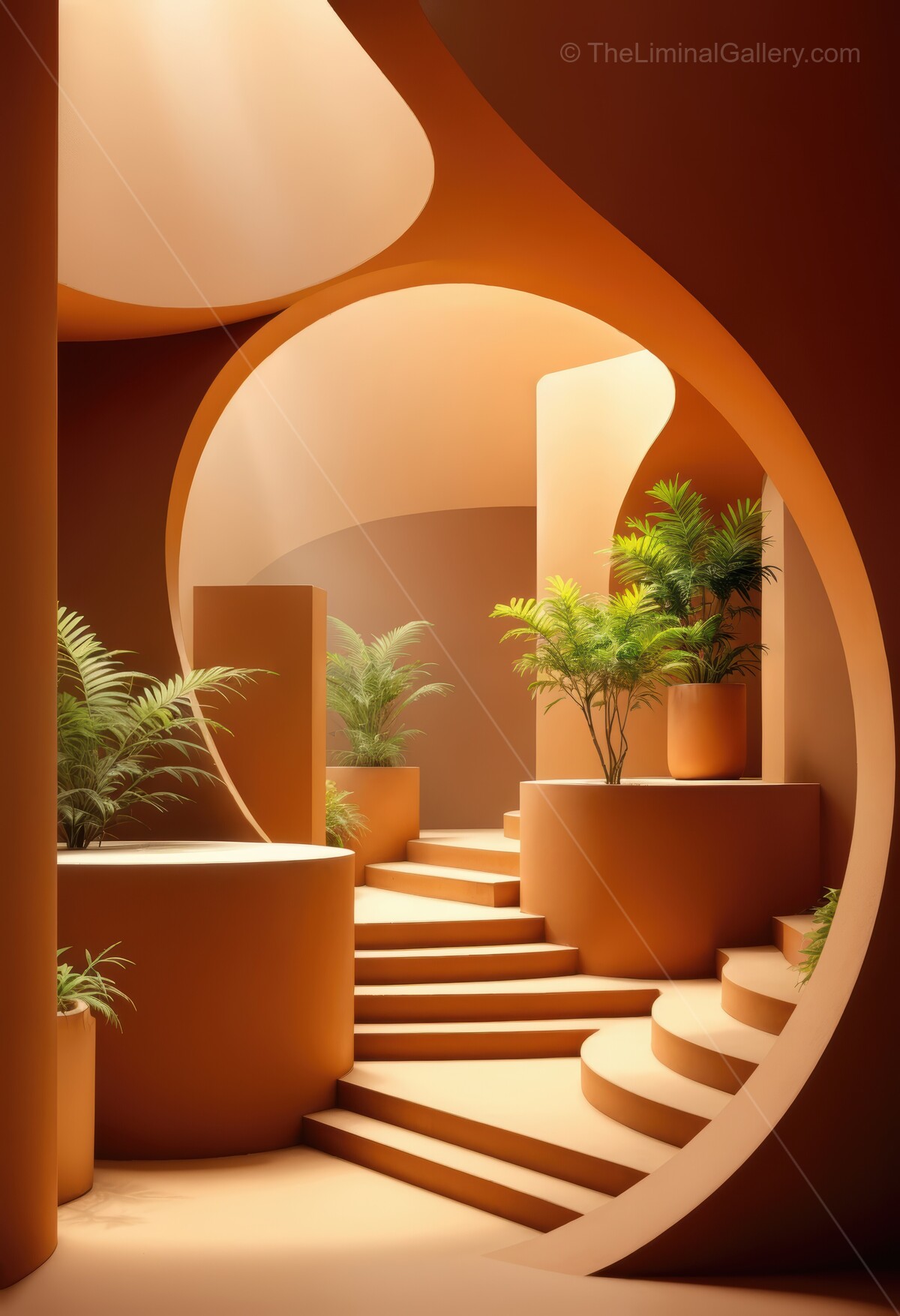 Bold curves and warm hues create an inviting oasis in a contemporary architectural space filled with lush greenery and flowing natural light