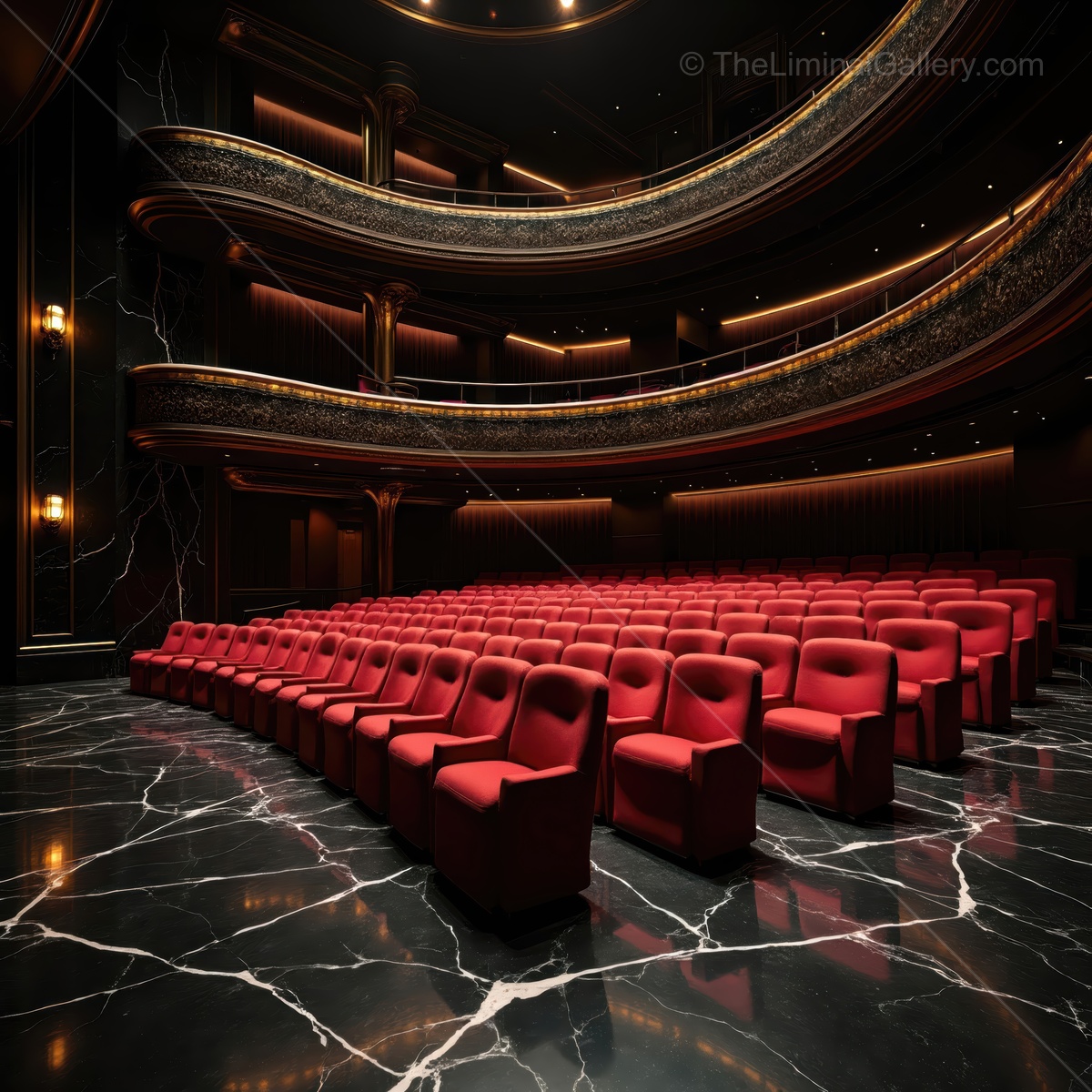 Empty theater with rich decor and deep red seating inspiring feelings of anticipation and nostalgia