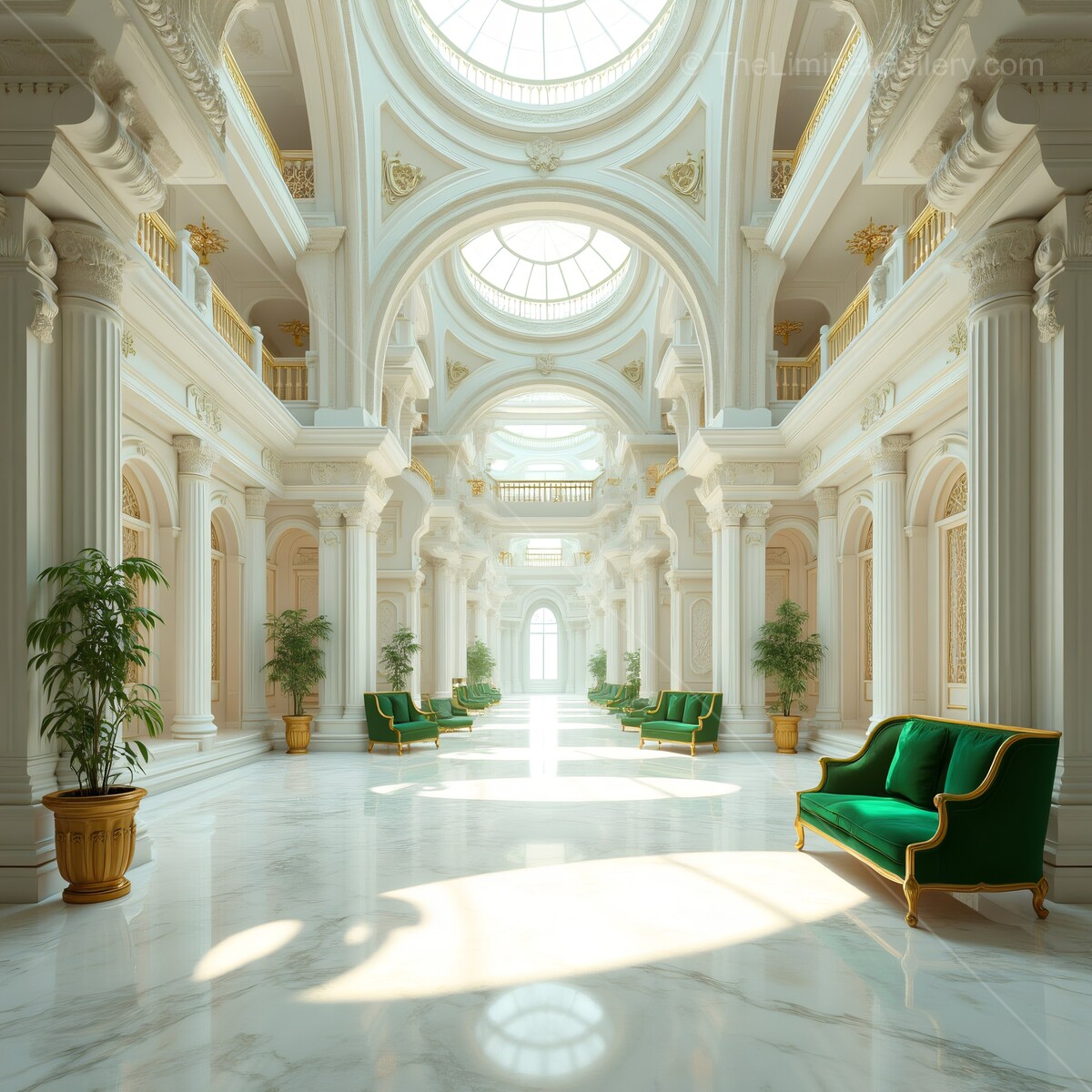 Elegant liminal marble hall with golden accents and lush greenery in bright sunlight