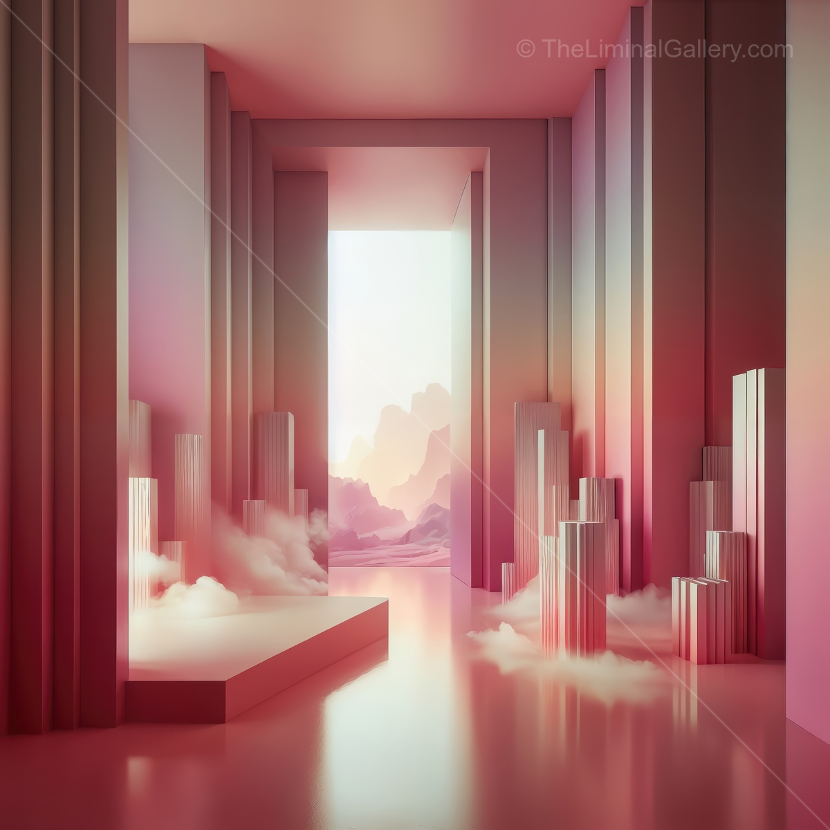 Pastel dawn reveals a liminal corridor of abstract pillars and drifting clouds, an ethereal dreamscape that evokes awakening spirituality and invites tranquil exploratory wandering