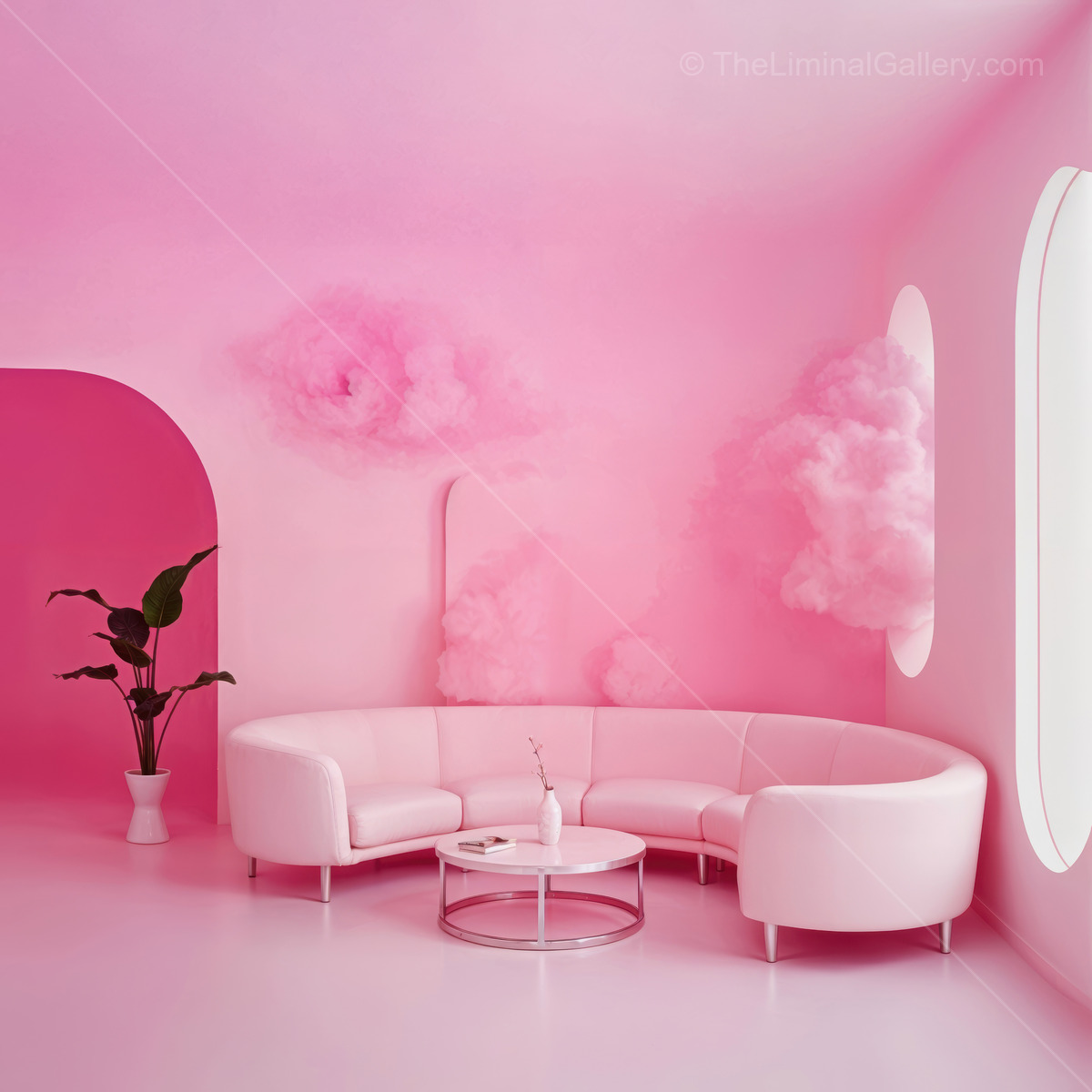 Whimsical lounge awash in bright pink features fluffy cloud d�cor and lush plants, creating a dreamy retreat where relaxation meets playful creativity and delight