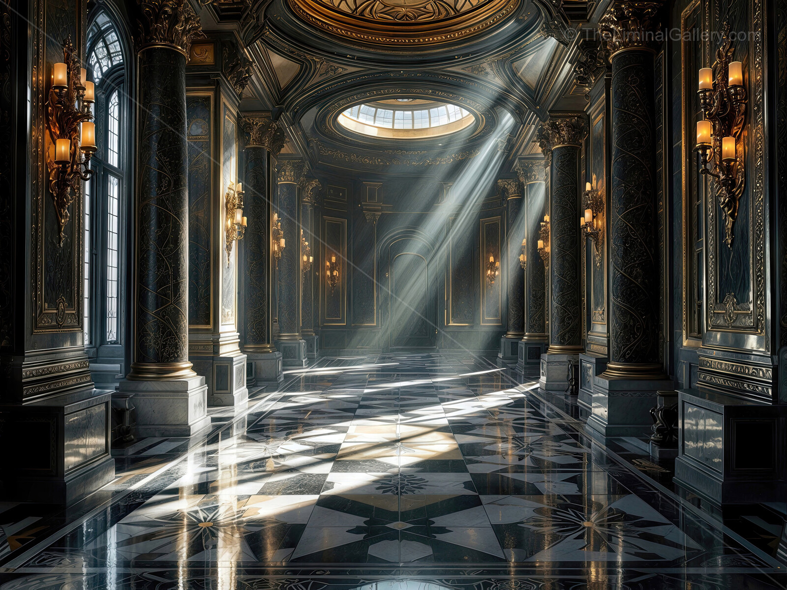 Liminal beams pour through ornate palace arches, marble floors alive with shifting light and shadow that elevate the space into a moment of radiant grandeur