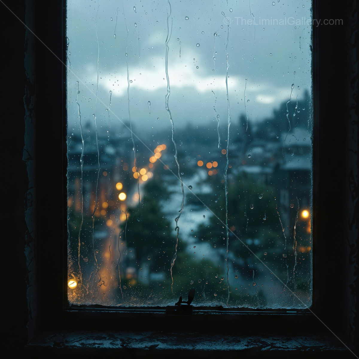 Raindrops glisten on a windowpane as twilight descends over a bustling city, capturing the essence of serene urban life during a rainy evening