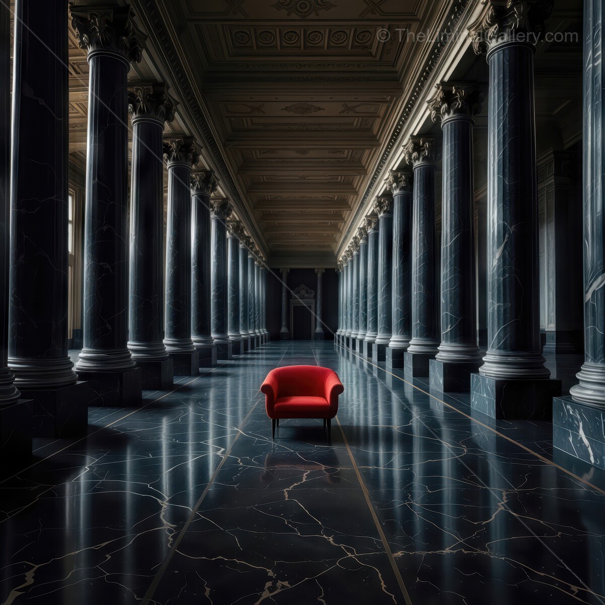 Elegant red armchair stands out amidst liminal grand marble columns in a majestic hall under soft lighting