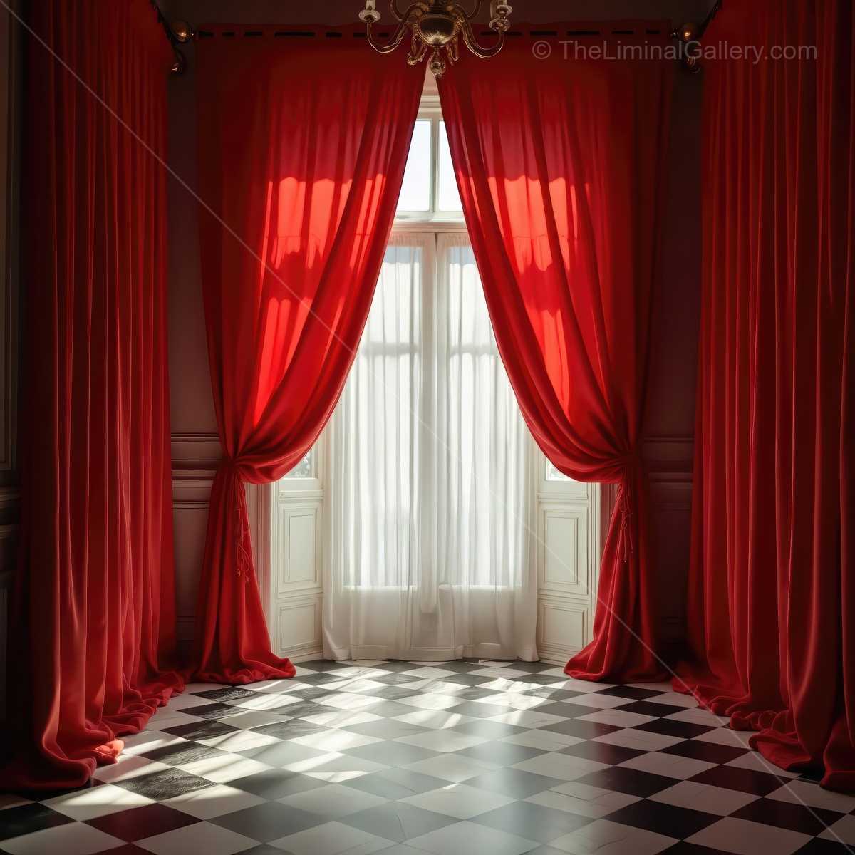 Exploring the contrasts of light and shadow in a liminal space with red curtains and checkered floor