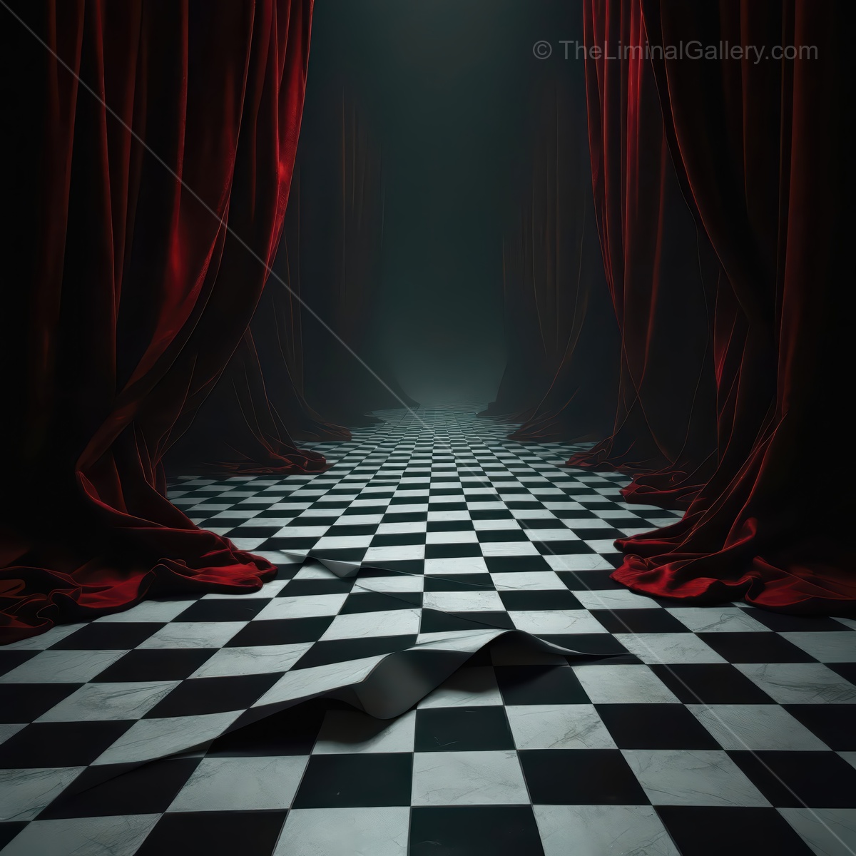 Exploring an eerie liminal space with red curtains and a checkered floor