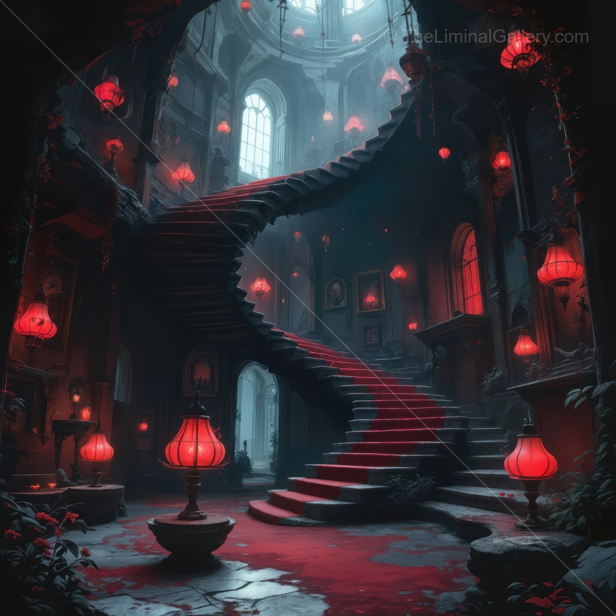 Exploring a mysterious liminal space with red lanterns and winding stairs at dusk