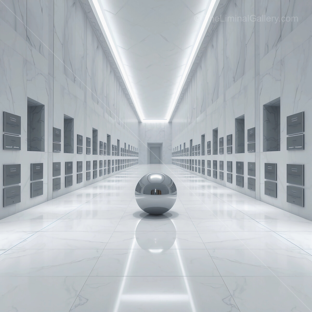 Reflective phantasm-like sphere glimmers in a minimalist corridor of polished marble and modern design