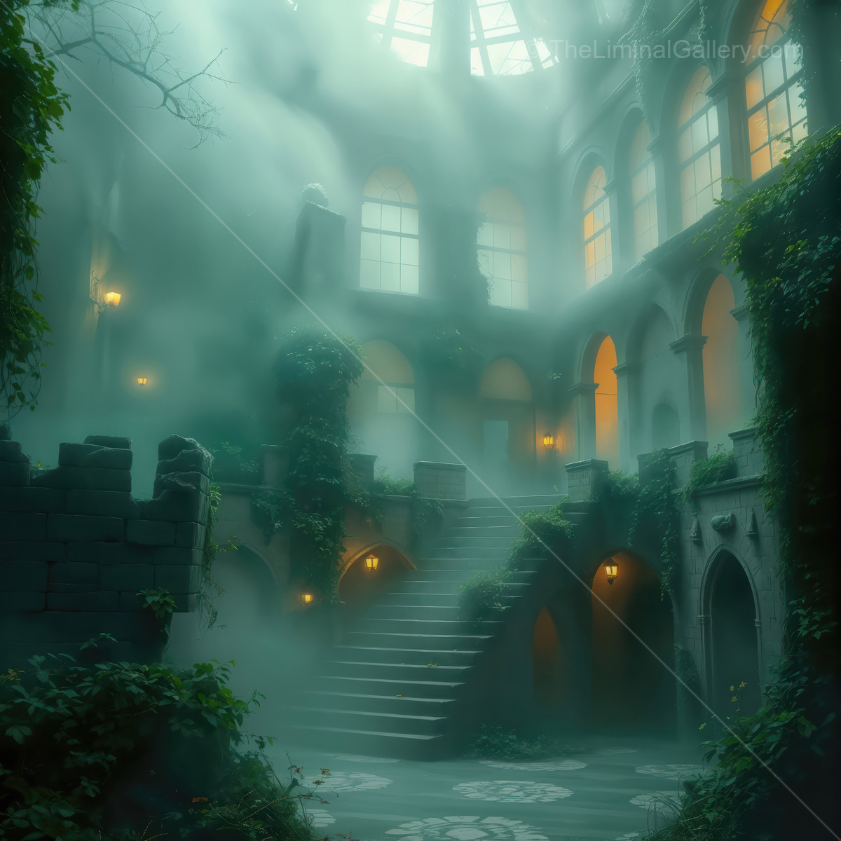 Liminal ruins bathed in amber dusk and drifting mist invite wandering souls, blending echoes of history with mystery beneath the setting sun's gentle glow