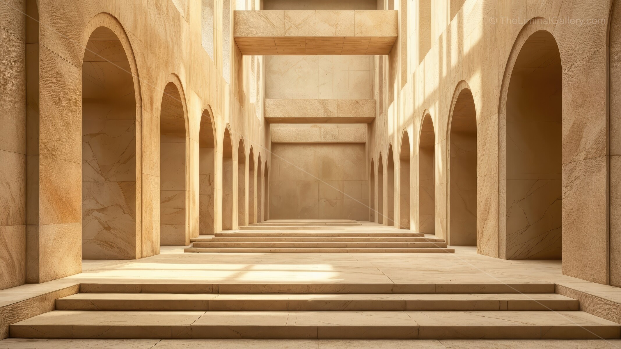 Sandy-hued liminal arches rise above sculpted steps, daylight flooding the vast interior to magnify spaciousness and encourage slow, appreciative wandering