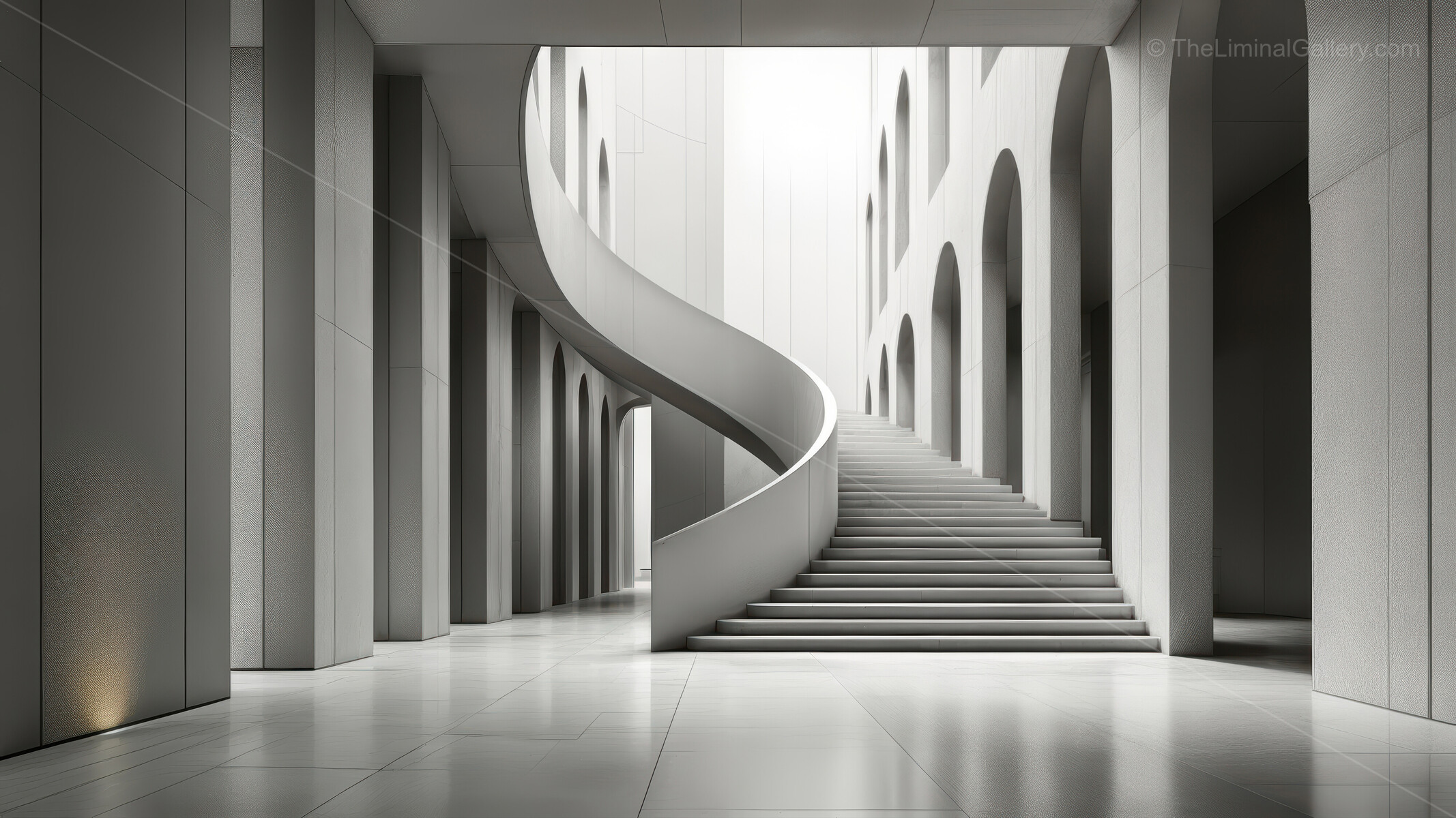 Liminal minimalist atrium centers on a sculptural spiral staircase bathed in warm daylight, contemporary lines and calm tones inspiring relaxation and creative thought