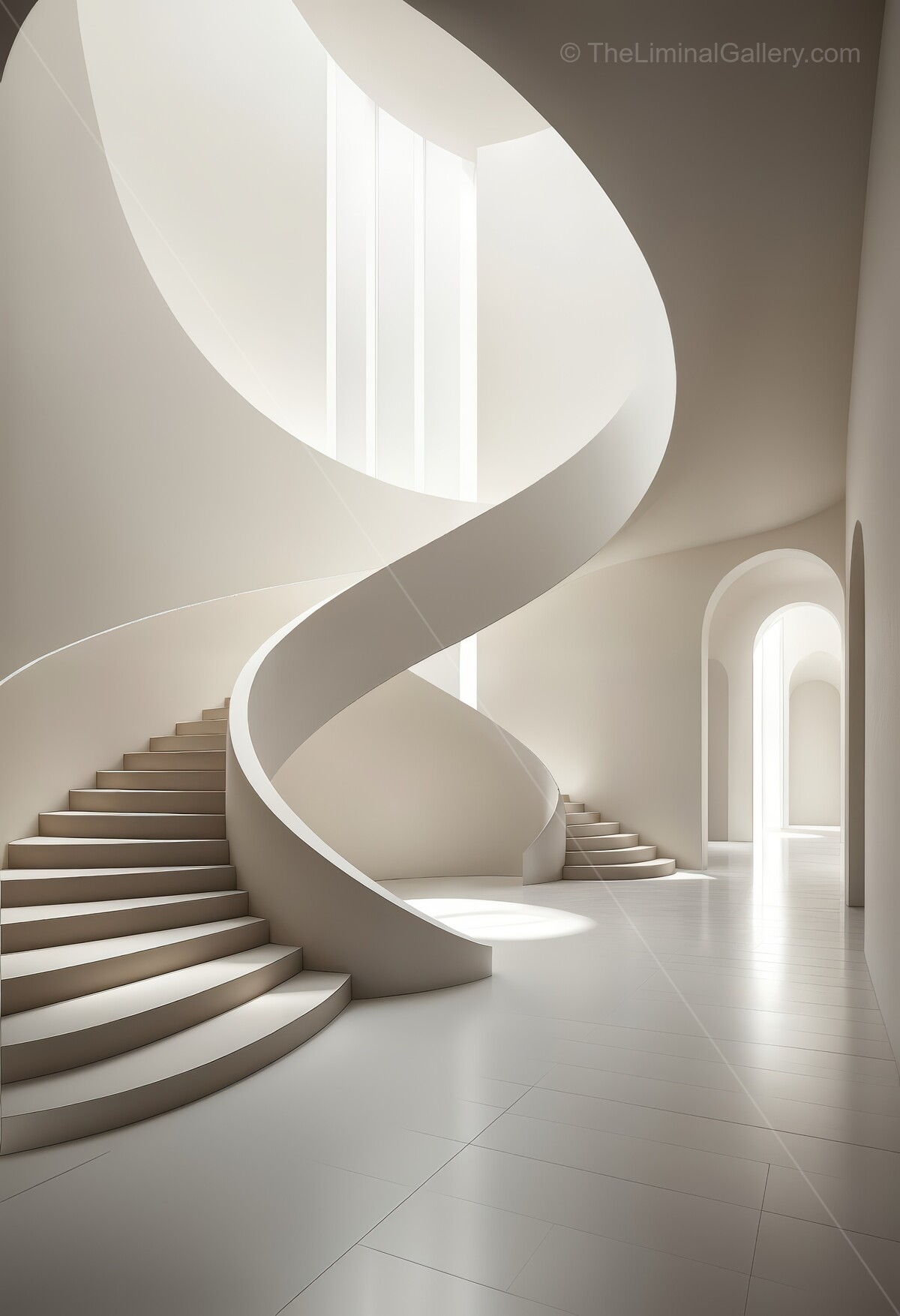 A sculptural spiral staircase winds through minimalist space, capturing shifting light and showcasing perfect balance between artistic form and daily function