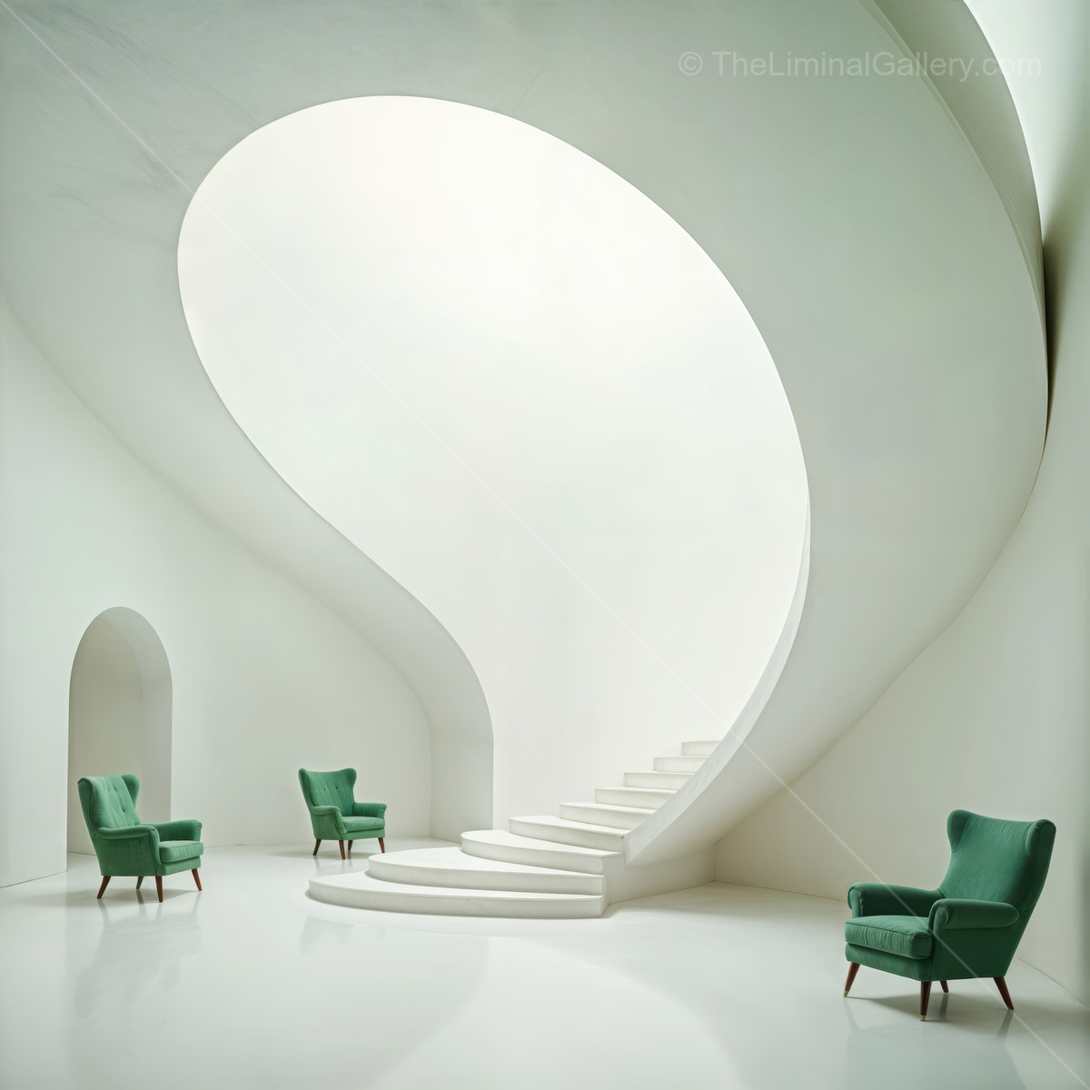 Elegant interior design with a sculptural staircase and green armchairs in a minimalist space, showcasing harmony between modern architecture and comfort