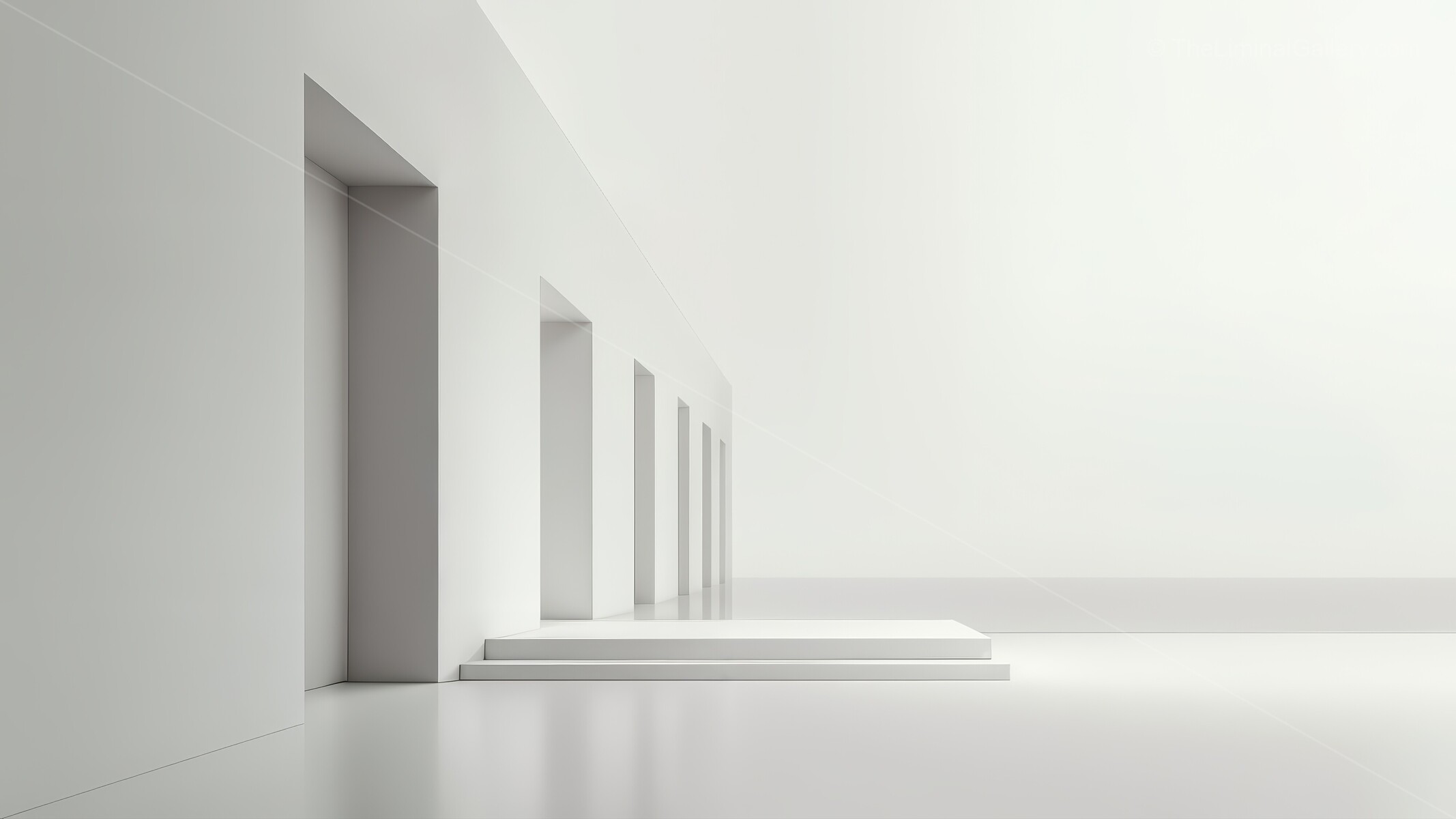 Liminal sequence of minimalist doorways glows with diffused daylight, guiding visitors through calm passages that celebrate simplicity, balance and meditative architectural flow