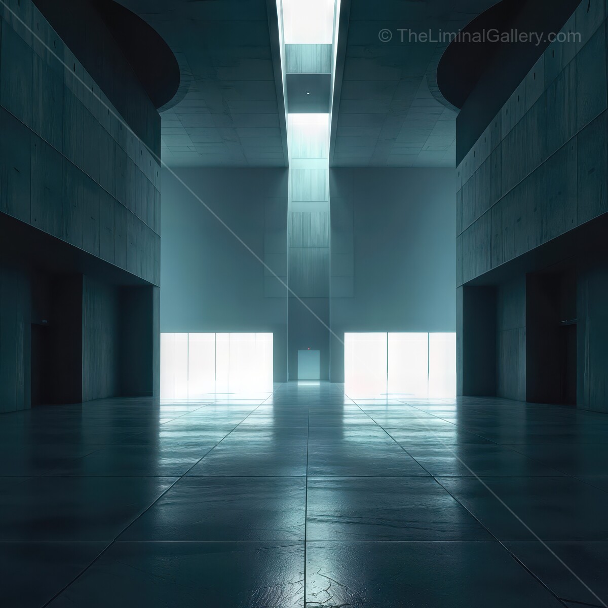 Exploring the serene liminal beauty of a modern architectural space with glowing windows
