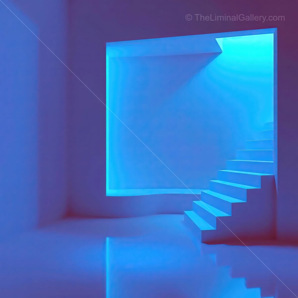 Exploring a serene liminal blue interior with illuminated stairs and soft reflections in a modern design space
