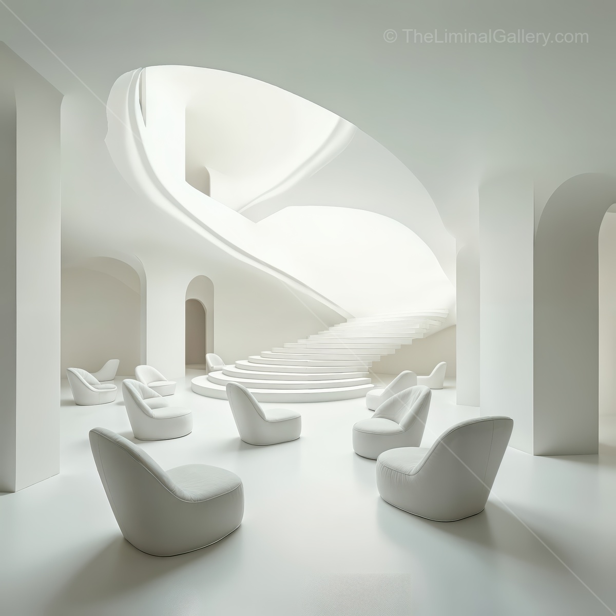 Liminal interior merges fluid walls, elegant seating and muted hues, delivering serene minimalism that supports modern life while encouraging reflection and aesthetic pleasure