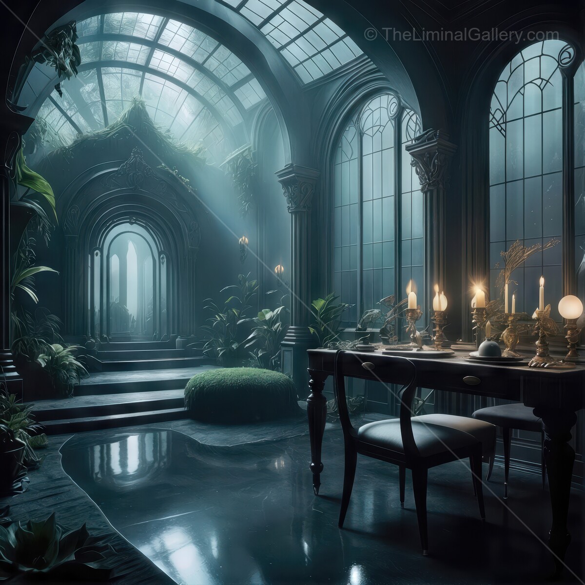 A serene sanctuary filled with lush greenery and elegant furnishings under soft, glowing light