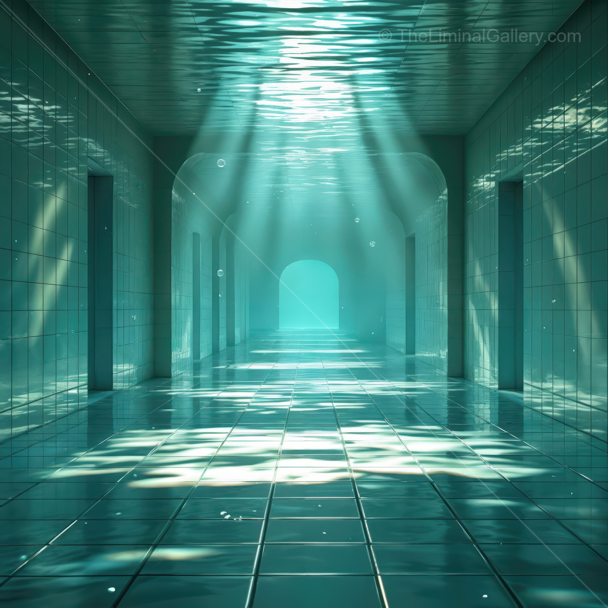 Soft rays filter through liminal underwater corridor, where tranquil currents echo vaulted halls and invite meditative exploration of silent aquatic mysteries